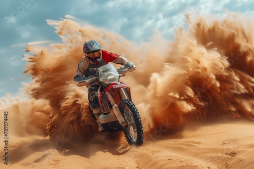 A motorcyclist speeds through a desert, kicking up sand with action-packed dynamism and intensity