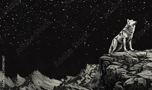 Illustrate a detailed pen and ink drawing of a lone wolf standing majestically on a rocky outcrop, overlooking the vast wilderness under a starry night sky