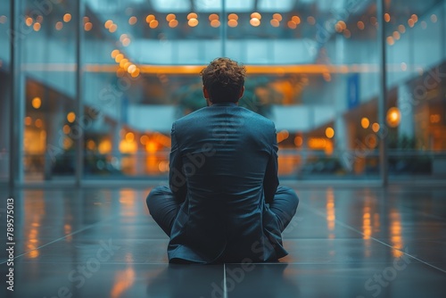A lone businessman finds tranquility and mindfulness through meditation amidst the busy, modern architecture of an atrium