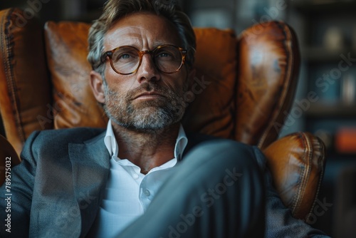Mature, stylish man with glasses sitting in a luxurious leather armchair photo