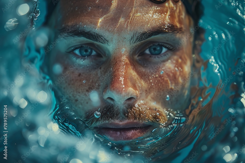 Intense close-up of a man's face half-submerged with droplets on skin