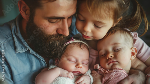 A tender moment as a bearded father cuddles his sleeping toddler and newborn, highlighting the warmth of family love.
 photo