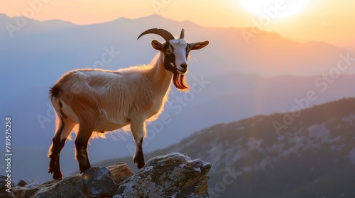 Serenity at Sunrise  Goat Enjoying the First Light Atop a Mountain - A Super Realistic Portrait of a Goat Serenely Standing on a Rocky Outcrop  with the First Rays of Sunrise Illuminating the Scene.