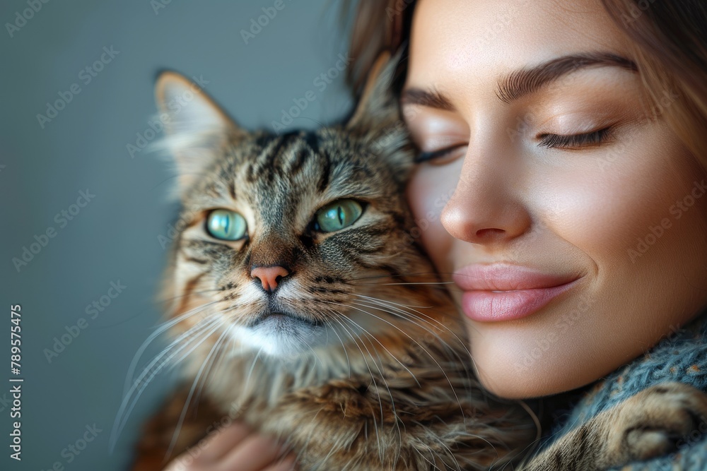 A woman's face closely paired with her tabby cat showing a loving relationship