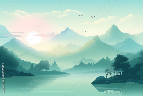 Vector Asian Landscape over light blue/green gradient .