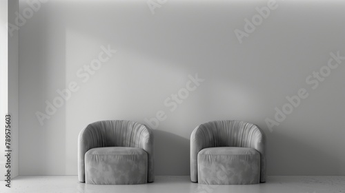 Serenity in Symmetry: Two Luxurious Velvet Chairs Against a Pristine White Wall, Perfect for Elegant Interiors Copy Space - Capture the essence of minimalist luxury with two sumptuous velvet chairs,  © Mehram