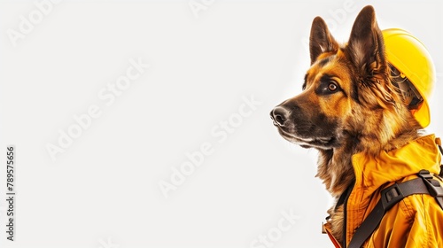 Showcasing a commitment to safety, a dignified German shepherd wears a safety jacket and yellow helmet, standing vigilant against a clear, distraction-free background.