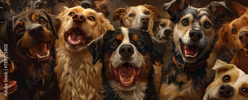Dogs of different breeds happily gathered together and looking at camera background, - Ai Generated