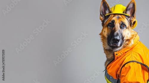Showcasing a commitment to safety, a dignified German shepherd wears a safety jacket and yellow helmet, standing vigilant against a clear, distraction-free background.