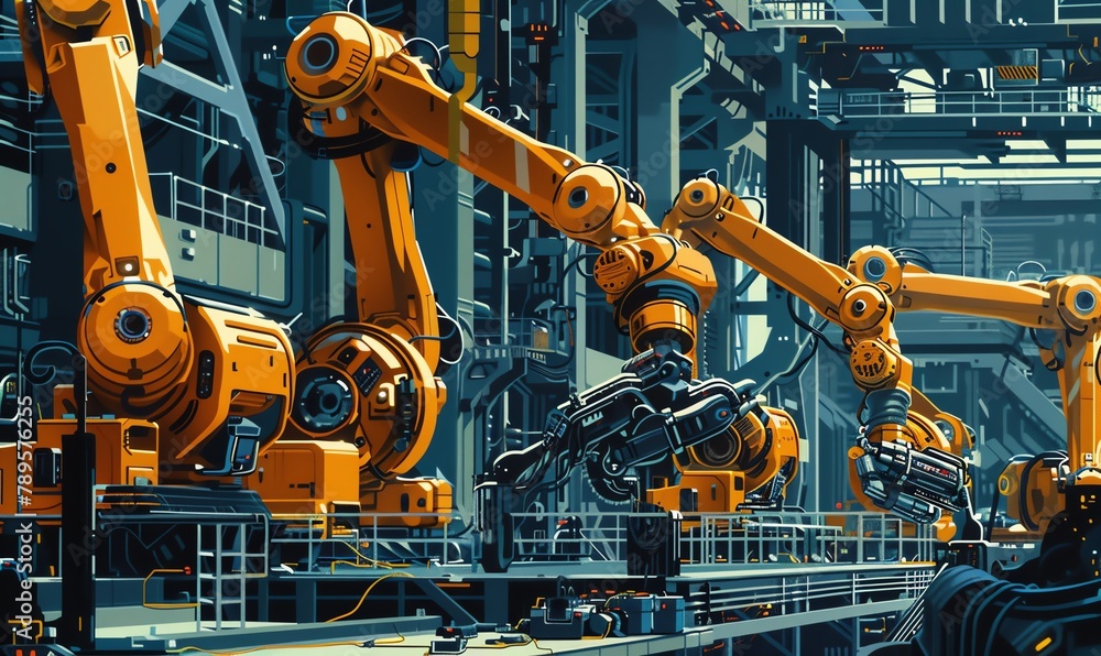 Illustrate a dynamic scene of massive robotic arms assembling intricate mechanical parts in a high-tech industrial setting Utilize pixel art to convey precision and detail in the digital rendering