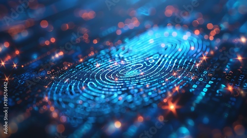 High-tech digital fingerprint scan with dynamic lines and cybersecurity concepts on a cool blue background, tailored for identity verification systems
