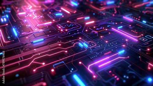 Futuristic neon circuit board design on a dark background, symbolizing advanced technology and digital networks, ideal for tech-themed graphics and advertisements