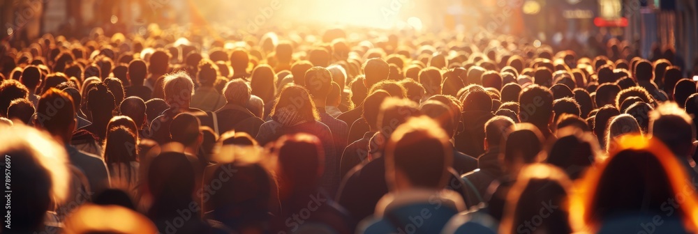 Obraz premium banner Bustling city street scene at sunset with crowds of people bathed in warm golden light Concept: urban life, busy street, golden hour, crowded scene. soft focus,defocus