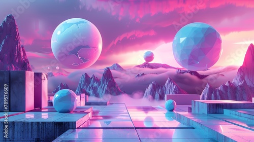 3D render of a technological landscape with floating geometric shapes and a vibrant, futuristic color palette, suitable for conceptual tech illustrations photo