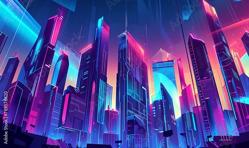 Illustrate a futuristic city skyline from a worms-eye view in pixel art Emphasize bold colors and geometric shapes to convey a sense of modernity and innovation in a visually striking way