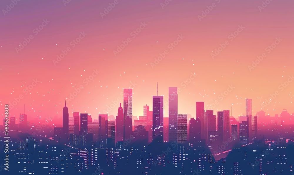 Fototapeta premium Illustrate a minimalist cityscape at dusk using sleek vector graphics, showcasing a few towering skyscrapers against a gradient evening sky