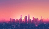 Illustrate a minimalist cityscape at dusk using sleek vector graphics, showcasing a few towering skyscrapers against a gradient evening sky