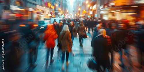 Blurred motion of a busy urban street scene with pedestrians and vivid city lights. Concept: city hustle, urban motion, vibrant streetscape, rainy city life. soft focus,defocus