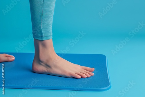 A person's bare legs stand on a blue yoga mat, highlighted by a vibrant, blue backdrop, emphasizing mindfulness.