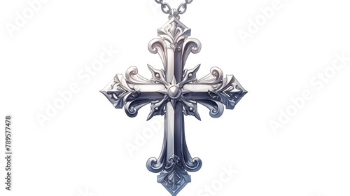 A striking silver cross pendant with a delicate chain set against a crisp white backdrop This detailed illustration showcases a sophisticated metal necklace embodying the essence of religio photo