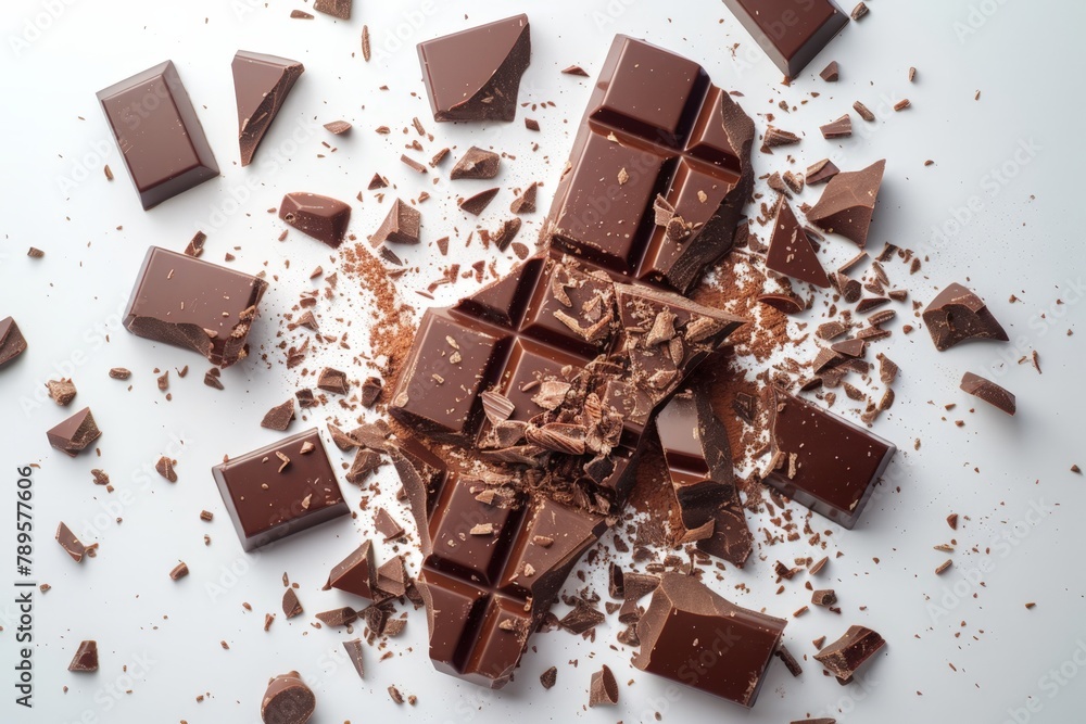 A close-up of a broken chocolate bar with scattered crumbs on a white surface. A close-up of a broken chocolate bar with scattered crumbs on a white surface.