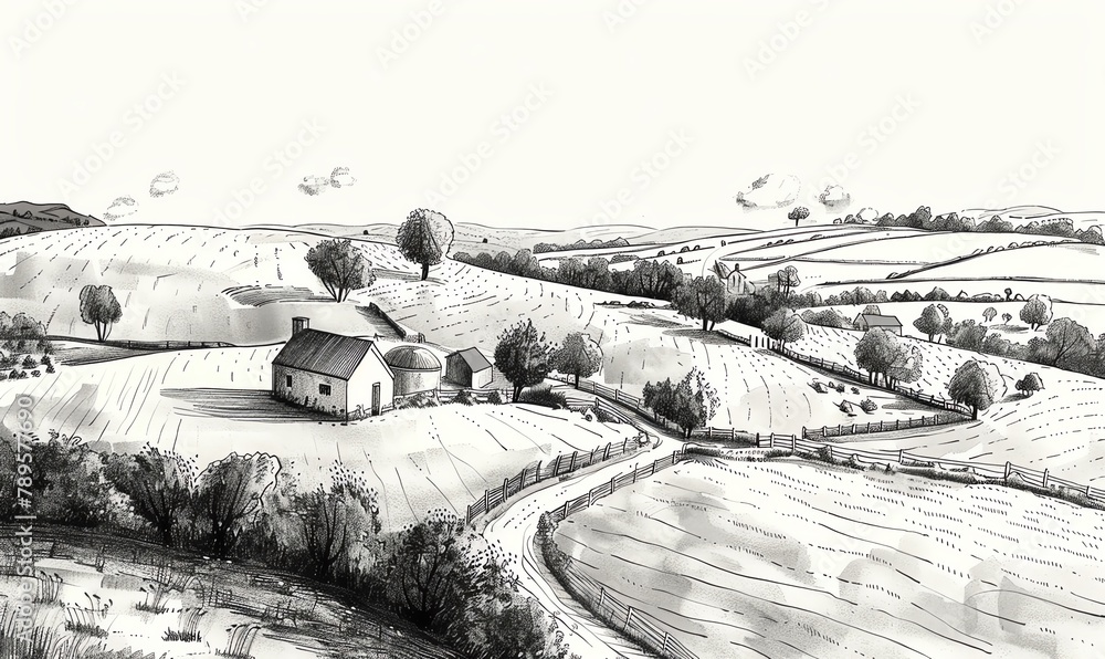 Fototapeta premium Illustrate a serene countryside landscape using pen and ink, showcasing rolling hills, charming farmhouses, and winding roads seen from a captivating aerial perspective