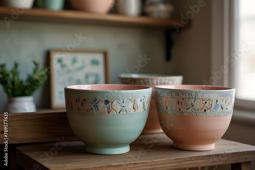 A selection of vibrant ceramics adorns the kitchen shelf, while handcrafted artwork and ceramic bowls are featured in product shots.