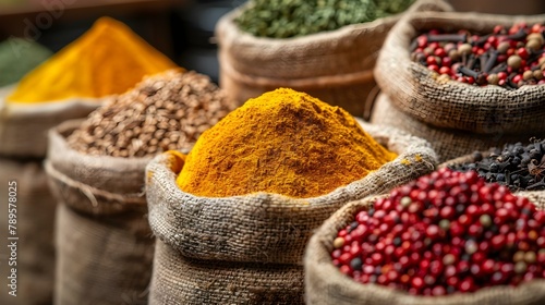 Burst of Spice Market Colors. Concept Colorful Spice Market, Exotic Flavors, Vibrant Aromas, Sensory Delight