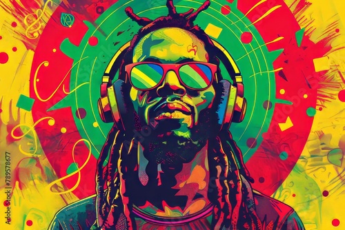 Photo of reggae music themed background with dreadlocks rasta man wearing headphones and sunglasses  circular red green yellow gradient in the background  colorful musical elements and retro style
