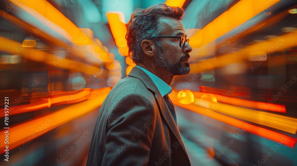 Businessman walking at the city streat capture by rear curtain sync for dynamic motion effect