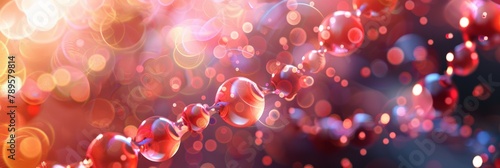 Abstract image depicting a chain of translucent spheres with a bokeh light effect, possibly representing molecules or a macro view of organic structures. soft focus,defocus