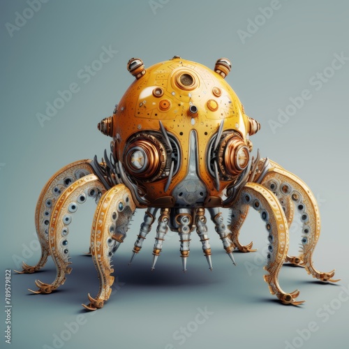 Robot octopus with mechanical legs and arms, in the style of hyper-realistic still life, light gold and amber, elaborate beadwork, pulpy sci-fi photo