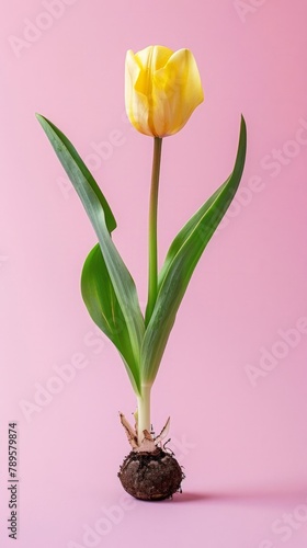 Yellow tulip with bulb and roots on a pink background, symbolizing growth and spring, vertical foto