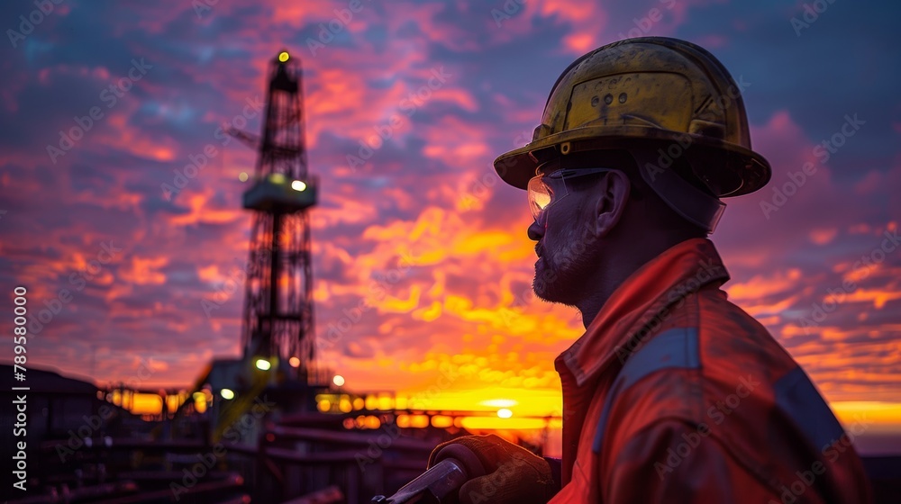 An oil worker is inspecting pump nearby Oil derrick on colorful sunset background
