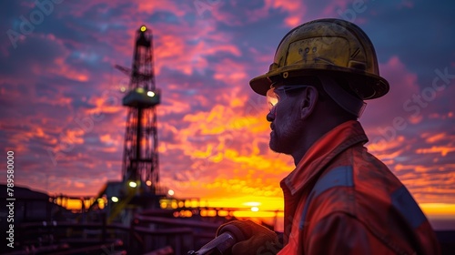 Obraz na płótnie An oil worker is inspecting pump nearby Oil derrick on colorful sunset background w salonie
