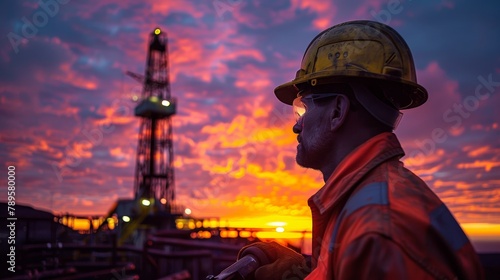 An oil worker is inspecting pump nearby Oil derrick on colorful sunset background © krissada