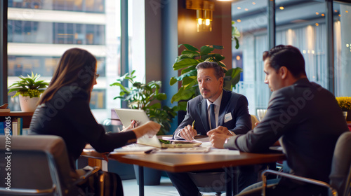 A financial advisor meets with clients in a bright, modern office against a backdrop of investment charts and tables, discussing finance, mortgages and investment strategies. Reflects personal financi