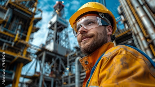 Oil industry with oil rig station engineer worker, oil production business finance concept. gas production. a worker wearing yellow hard hat works in blue sky.