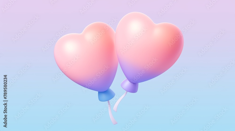 A 3D image of two pink heart-shaped balloons on an isolated light cyan gradient background.