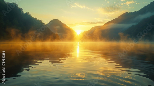 A tranquil mountain lake at sunrise #789580286