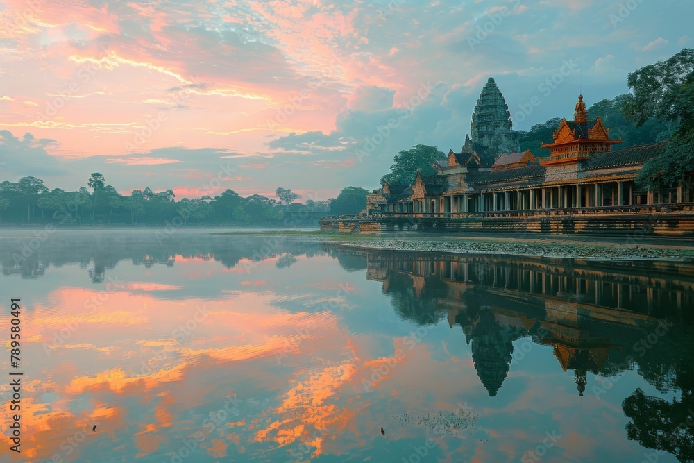 Angkor Wat Temple Reflecting in Water at Sunrise - obrazy, fototapety, plakaty 