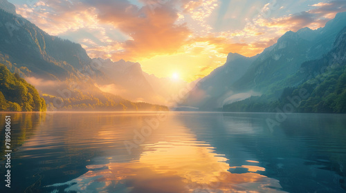 A tranquil mountain lake at sunrise