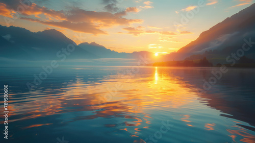 A tranquil mountain lake at sunrise