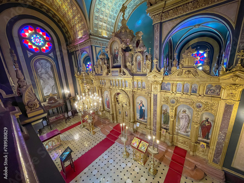 high altar of the catholic church of St. Stephen, view from the choir, metal church, Istanbul Turkey, horizontal