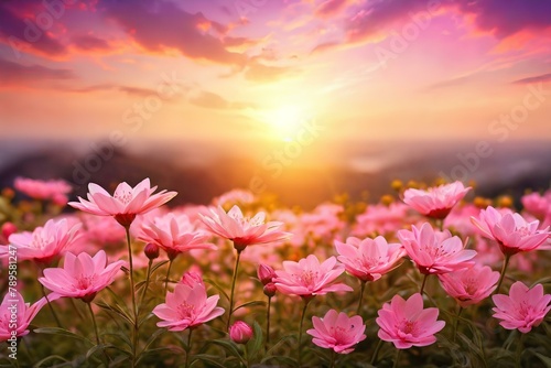 pink flowers on sunset scene