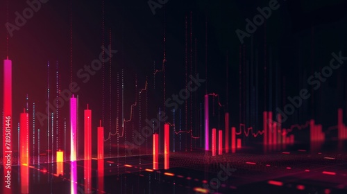 Display of quotes pricing graph visualization. Financial statistic analysis on dark background with growing financial charts. Stock analyzing. Price chart bars.