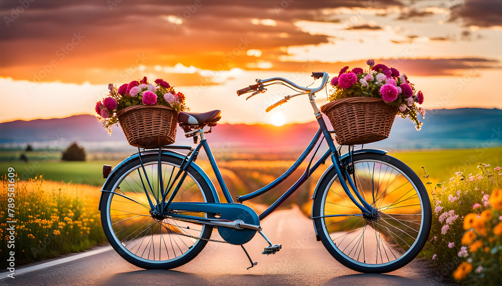 A vintage bicycle with bright flowers in a basket stands on an empty road against the backdrop of a beautiful sunset sky with clouds.