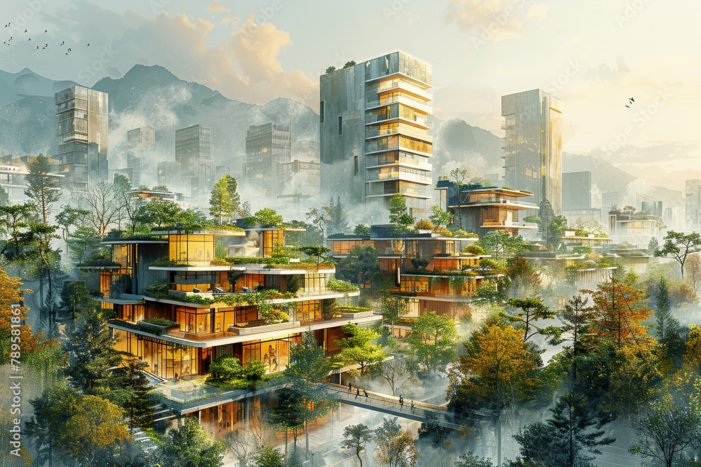 Streets and high-rise buildings of a modern eco-city. Sustainable urban ... - Eco Conscious High Rise Urban Design