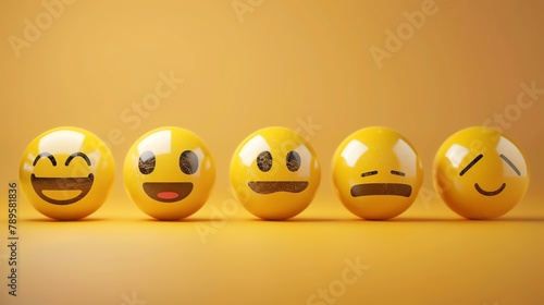 3D rendering of a row of yellow emoji spheres with different facial expressions on a yellow background.