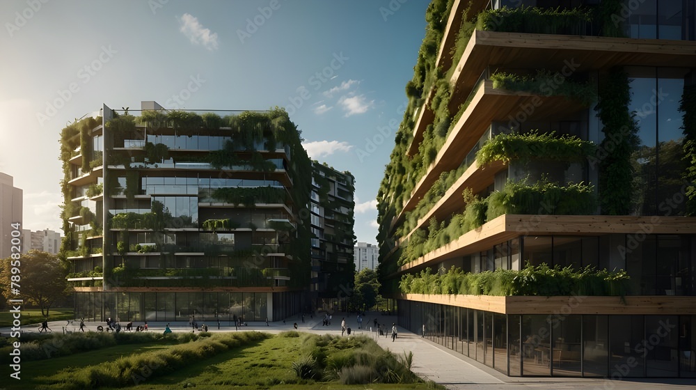Low carbon impact and green technologies combined with sustainable financial building. eco-friendly, sustainable construction. Eco-friendly building. environmentally friendly building design.